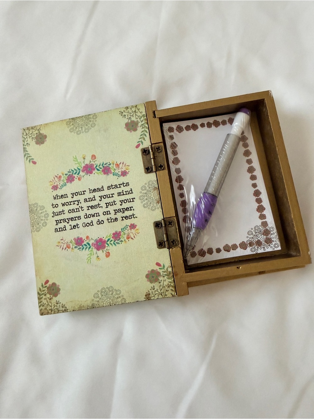 Wooden Keepsake Box with Purple Pen and Note Pad - Inspirational Quote
